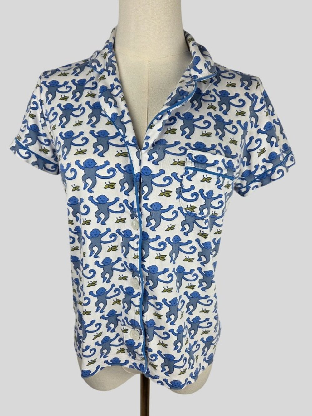Roller Rabbit‎ Blue Monkey Fiora Polo PJ Pajama Top XS Original Sought After EUC